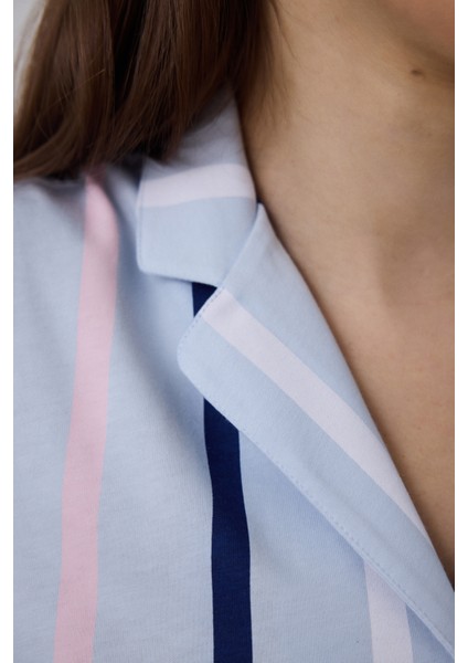 Açık Mavi Sanrio Pamuklu Çizgili Gömlek Yaka Kısa Kollu Pijama Takımı