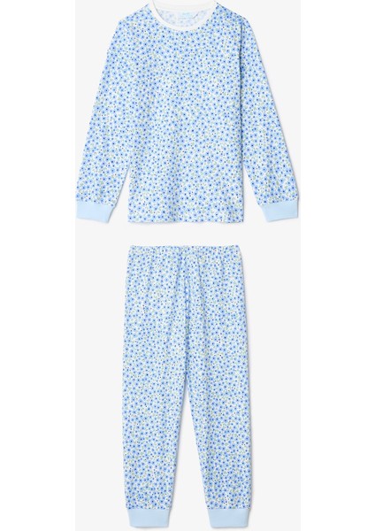 Kırık Beyaz Kız Çocuk Çıtır Çiçek Desenli Uzun Kollu Pamuklu 2'li Pijama Takımı
