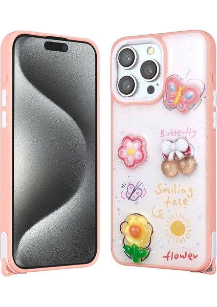 Apple iPhone 15 Pro Max Kılıf Parlayan Sıvılı Simli Kabartma Figürlü Ata Cevze Kapak-Pembe