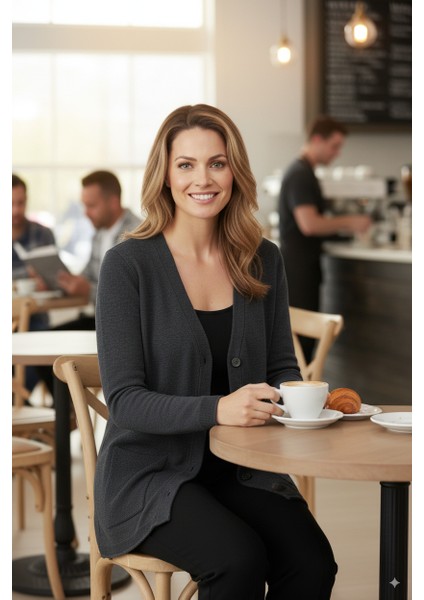 Kadın Kışlık Yünlü Örme Anne Hırka V Yaka Elmas Taşı Motifli Çift Cepli Düğmeli Likralı fırsatları