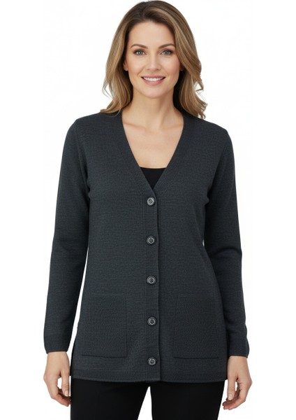 Kadın Kışlık Yünlü Örme Anne Hırka V Yaka Elmas Taşı Motifli Çift Cepli Düğmeli Likralı indirimleri