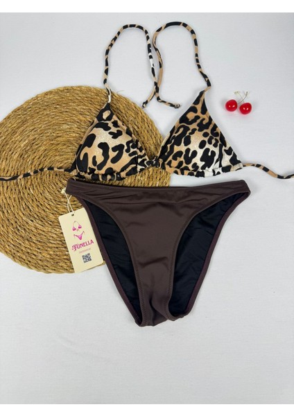 Likralı Leopar Desenli Üçgen Şık Kadın Bikini Takımı