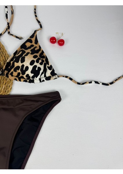 Likralı Leopar Desenli Üçgen Şık Kadın Bikini Takımı modelleri