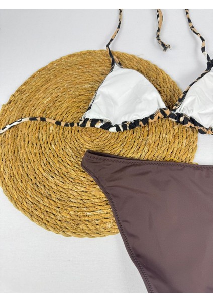 Likralı Leopar Desenli Üçgen Şık Kadın Bikini Takımı