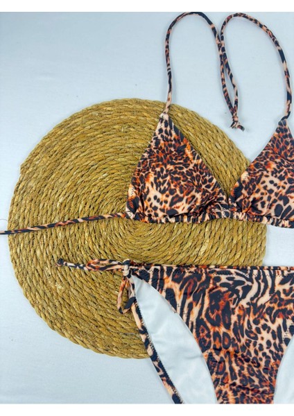 Leopar Desenli Boyun Bağlamalı Şık Üçgen Kadın Bikini Takımı fiyatları