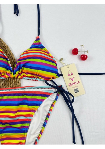 Çizgili Yandan ve Boyundan Bağlamalı Şık Kadın Bikini Takımı fiyatları