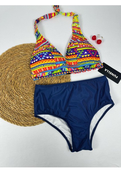 Batik Desenli Yüksel Bel Boyun Bağlamalı Şık Bikini Takımı
