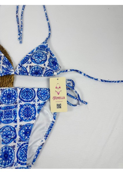 Şık Likralı Mavi Desenli Ikili Üçgen Bikini Takımı fiyatları