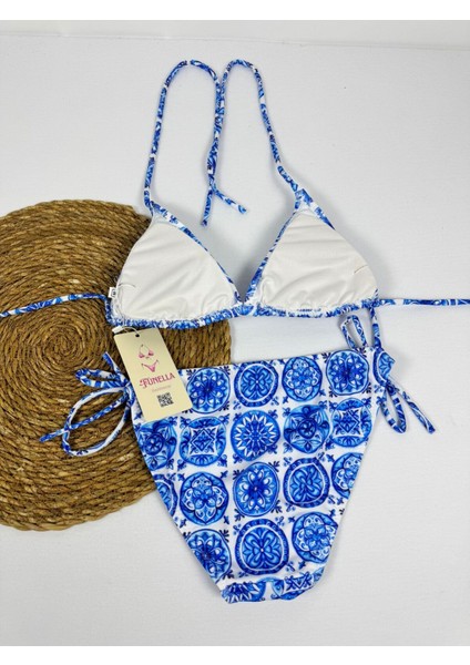 Şık Likralı Mavi Desenli Ikili Üçgen Bikini Takımı indirimleri