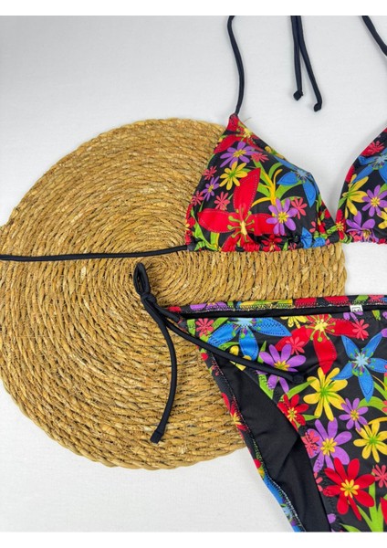 Likralı Siyah Kırmızı Çiçek Desenli Üçgen Şık Kadın Bikini Takımı fiyatları