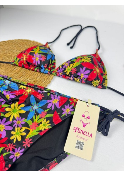 Likralı Siyah Kırmızı Çiçek Desenli Üçgen Şık Kadın Bikini Takımı fırsatları