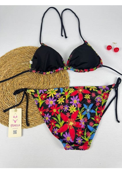 Likralı Siyah Kırmızı Çiçek Desenli Üçgen Şık Kadın Bikini Takımı indirimleri
