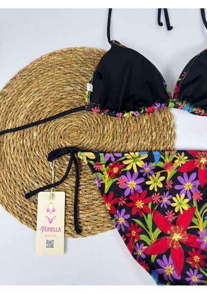 Likralı Siyah Kırmızı Çiçek Desenli Üçgen Şık Kadın Bikini Takımı