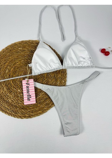 Gri Rengi Parlak Kumaş Boyundan Bağlamalı Üçgen Bikini Takımı fırsatları