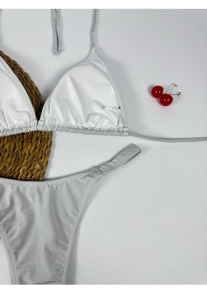 Gri Rengi Parlak Kumaş Boyundan Bağlamalı Üçgen Bikini Takımı indirimleri