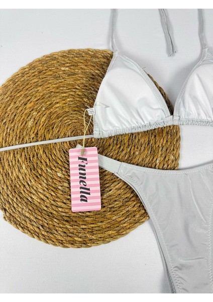 Gri Rengi Parlak Kumaş Boyundan Bağlamalı Üçgen Bikini Takımı