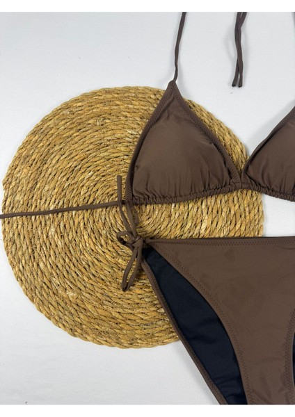 Kahve Rengi Yandan ve Boyundan Bağlamalı Ayarlanabilir Yeni Sezon Şık Üçgen Bikini Takımı fiyatları