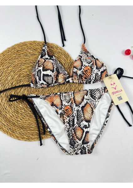 Yılan Desenli Yandan ve Boyundan Bağlamalı Şık Kadın Bikini Takımı