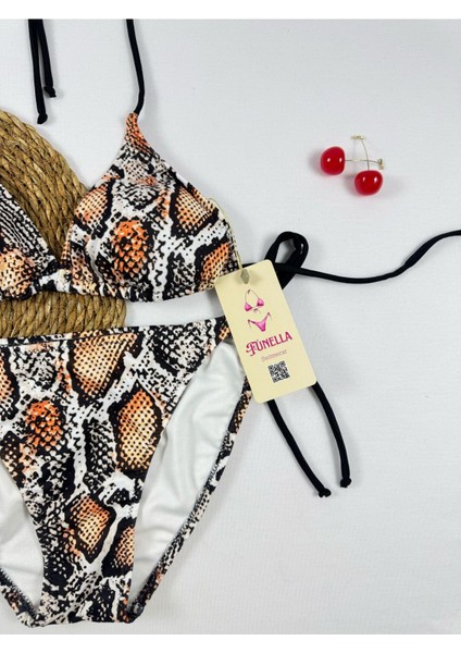 Yılan Desenli Yandan ve Boyundan Bağlamalı Şık Kadın Bikini Takımı fiyatları
