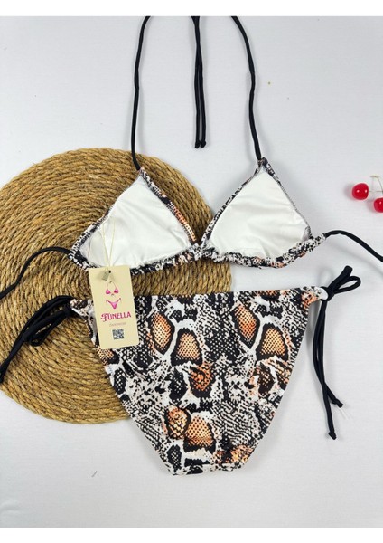 Yılan Desenli Yandan ve Boyundan Bağlamalı Şık Kadın Bikini Takımı fırsatları