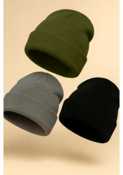 Unisex Basic Triko Yünlü Katlamalı Düz Bere 3'lü Set Yeşil Gri Siyah fiyatları
