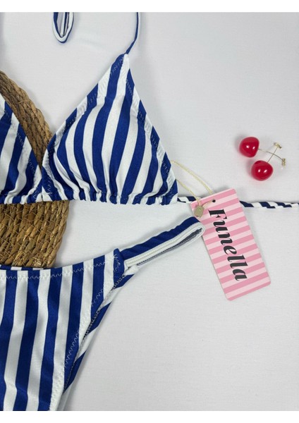 Lacivert Renkli Çizgili Parlak Kumaş Boyundan Bağlamalı Üçgen Bikini Takımı fiyatları