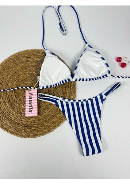 Lacivert Renkli Çizgili Parlak Kumaş Boyundan Bağlamalı Üçgen Bikini Takımı fırsatları