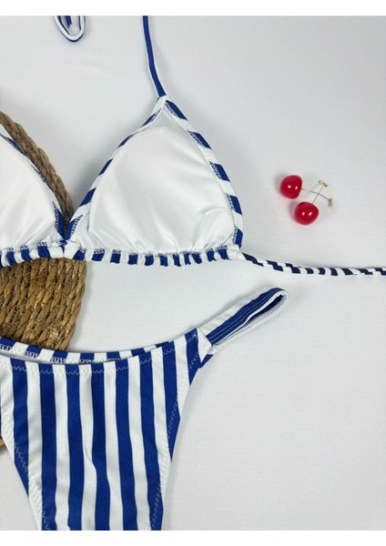 Lacivert Renkli Çizgili Parlak Kumaş Boyundan Bağlamalı Üçgen Bikini Takımı