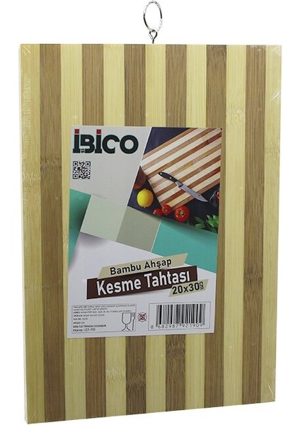 20 x 30 x 1.4cm Beyaz Çizgili Ahşap Bambu Kesim Panosu - Kesme Tahtası Metal Kulplu