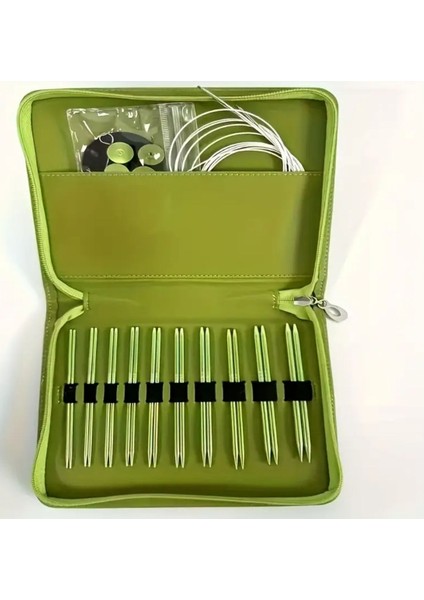 Yeşil Çantalı Misinalı Şiş Seti, Örgü Kiti, 10 Çift Şiş Seti, Çantalı Şiş Seti