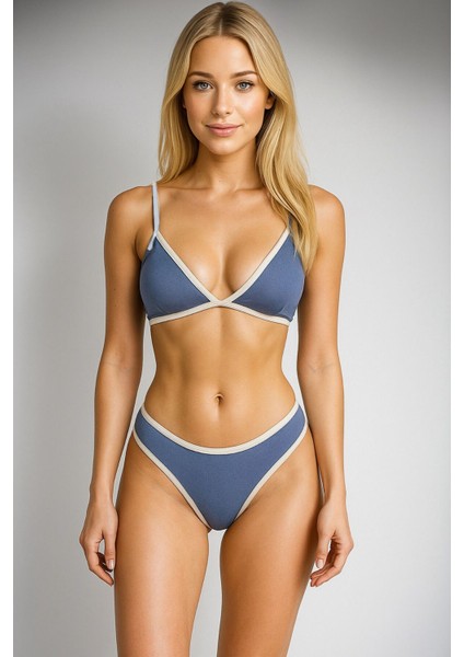 Bej Renkli Biyeli Mavi Üçgen Kadın Şık Bikini Takımı
