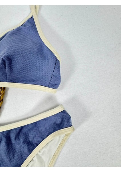 Bej Renkli Biyeli Mavi Üçgen Kadın Şık Bikini Takımı modelleri