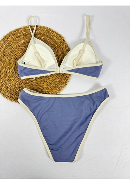Bej Renkli Biyeli Mavi Üçgen Kadın Şık Bikini Takımı fırsatları