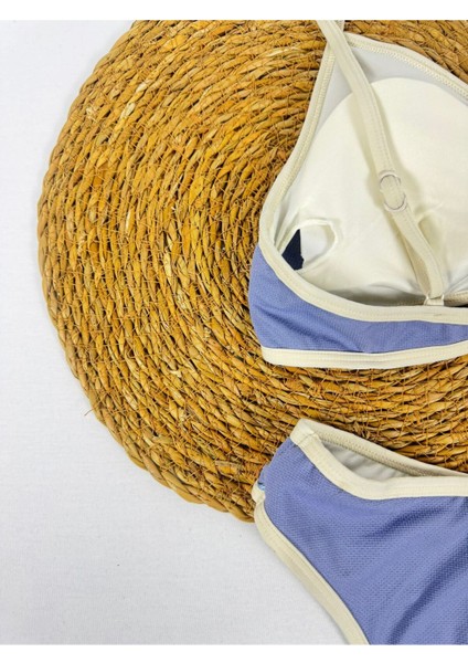 Bej Renkli Biyeli Mavi Üçgen Kadın Şık Bikini Takımı indirimleri