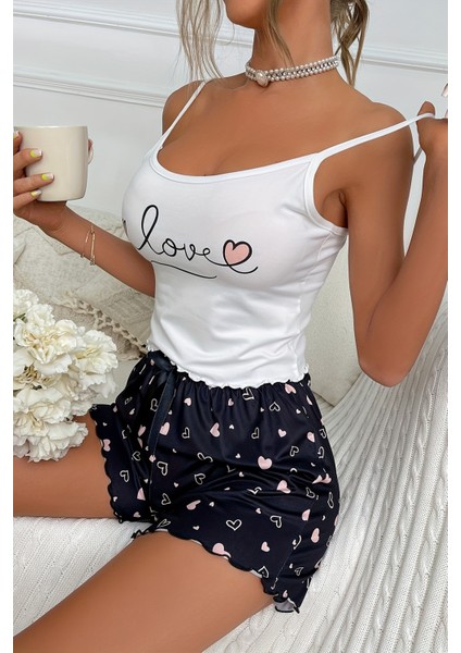 Love Kalp Baskılı Şortlu Pijama Takımı