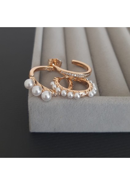 Vip Halka Küpe 3'lü Taşlı ve Inci Detaylı Set