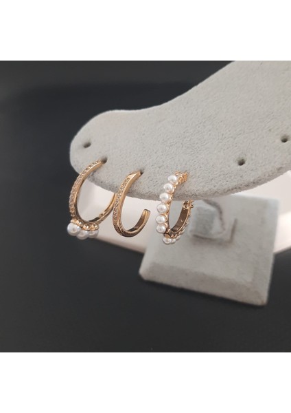 Vip Halka Küpe 3'lü Taşlı ve Inci Detaylı Set modelleri