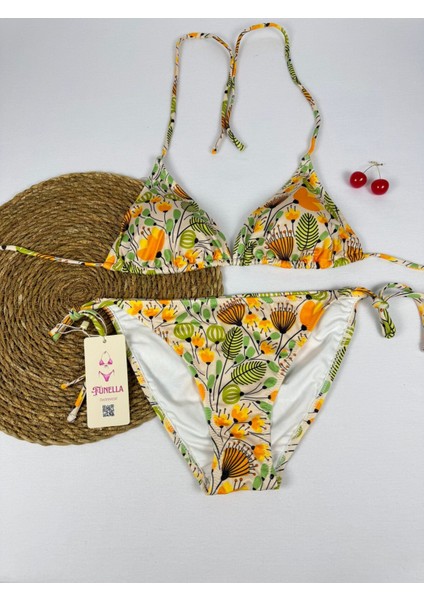 Likralı Çiçek Desenli Üçgen Şık Kadın Bikini Takımı