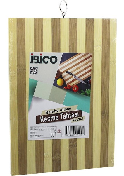 24 x 34 x 1.4cm Beyaz Çizgili Ahşap Bambu Kesim Panosu - Kesme Tahtası Metal Kulplu