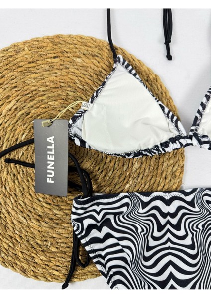 Siyah Beyaz Zebra Desenli Yandan ve Boyundan Bağlamalı Şık Kadın Bikini Takımı fırsatları