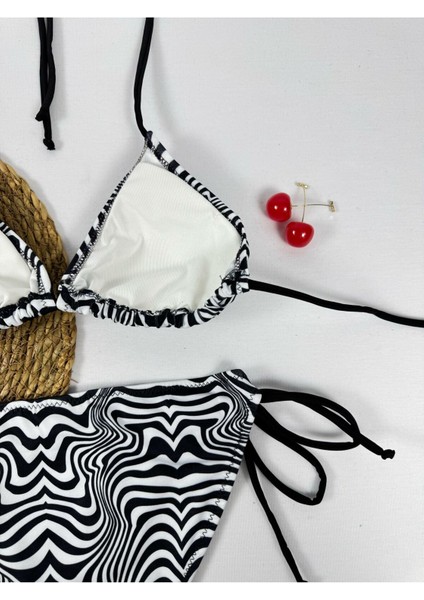 Siyah Beyaz Zebra Desenli Yandan ve Boyundan Bağlamalı Şık Kadın Bikini Takımı indirimleri