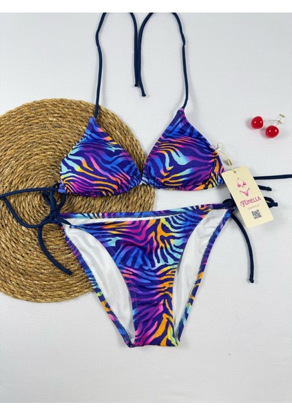 Renkli Zebra Desenli Yandan ve Boyundan Bağlamalı Şık Kadın Bikini Takımı
