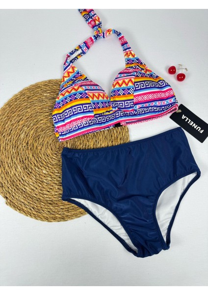 Batik Desenli Yüksel Bel Boyun Bağlamalı Şık Bikini Takımı