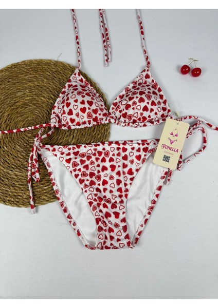 Likralı Kalp Desenli Üçgen Şık Kadın Bikini Takımı