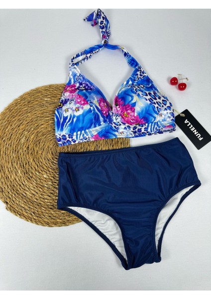 Batik Desenli Yüksel Bel Boyun Bağlamalı Şık Bikini Takımı