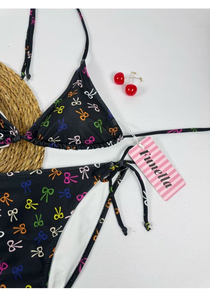 Siyah Renkli Fiyonk Desenli Boyundan Bağlamalı Şık Üçgen Bikini Takımı fiyatları
