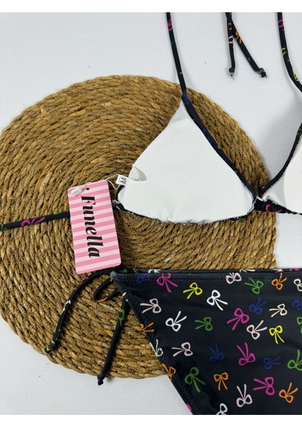 Siyah Renkli Fiyonk Desenli Boyundan Bağlamalı Şık Üçgen Bikini Takımı indirimleri