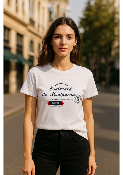 Kadın Bisiklet Yaka Baskılı Siyah T-Shirt