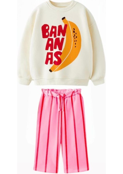 Kız Çocuk Baskılı 3 Iplik Kumaş Kanvas Pantolonlu Pamuklu Alt Üst Takım