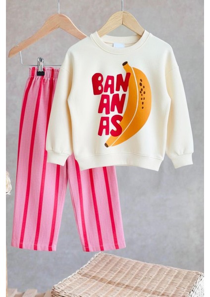 Kız Çocuk Baskılı 3 Iplik Kumaş Kanvas Pantolonlu Pamuklu Alt Üst Takım fiyatları